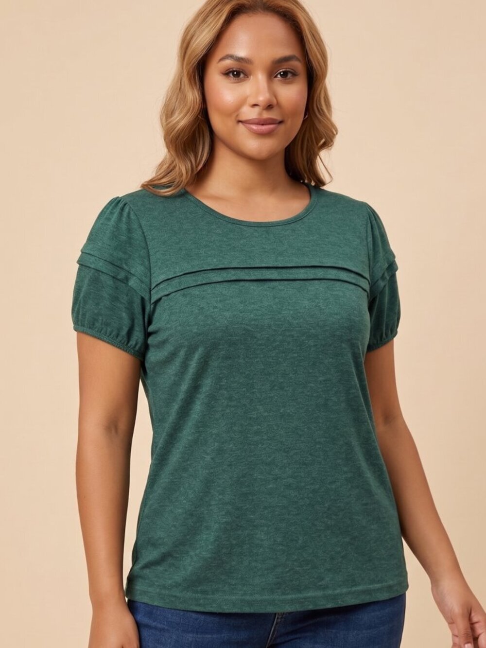 NWOT | Forest Green Puff Sleeve Horizontal Pleat Detail Crew Neck Top | Medium